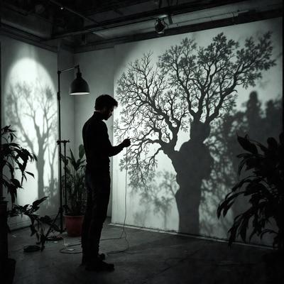 The primary subject of the image is a man standing in front of a large tree drawing or painting. The setting is a room with a white wall, and the visual style appears to be a combination of a photo and a drawing or painting. The colors and mood of the image are predominantly black and white, giving it a classic and timeless feel.